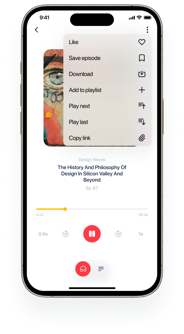 PodReads player with the episode menu open