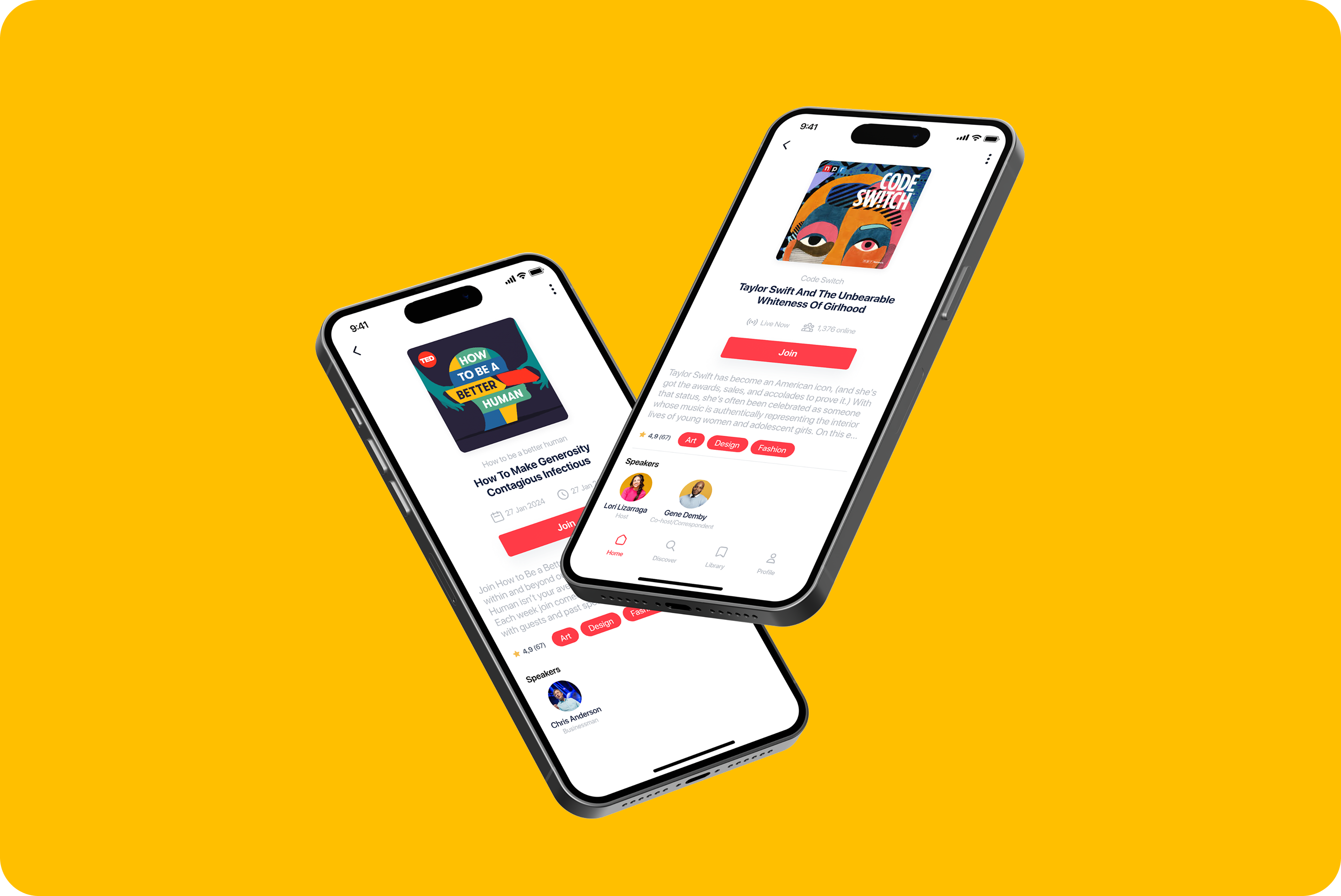 Live episode pages with speakers and a Join button