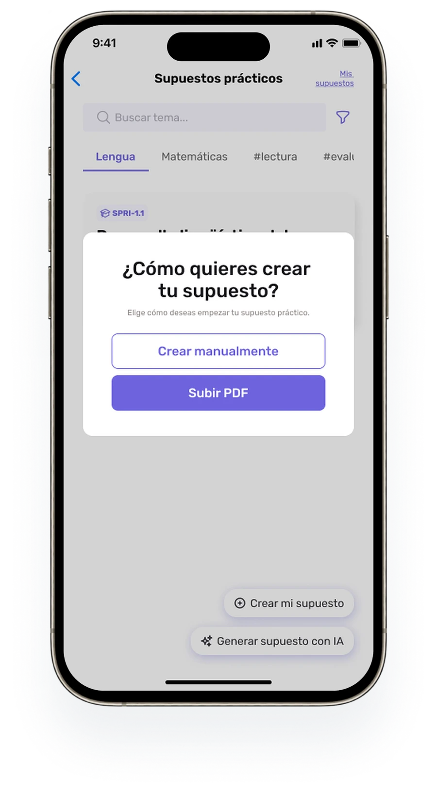 Choose to write a supuesto manually or upload a PDF